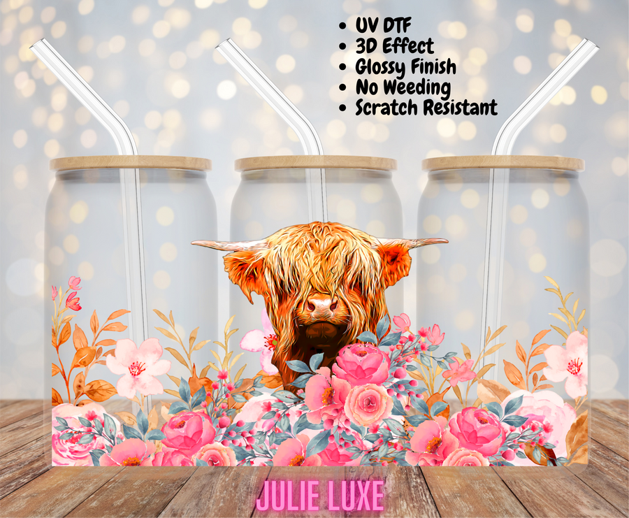 PINK FLORAL HIGHLAND COW - UV DTF CUP WRAP