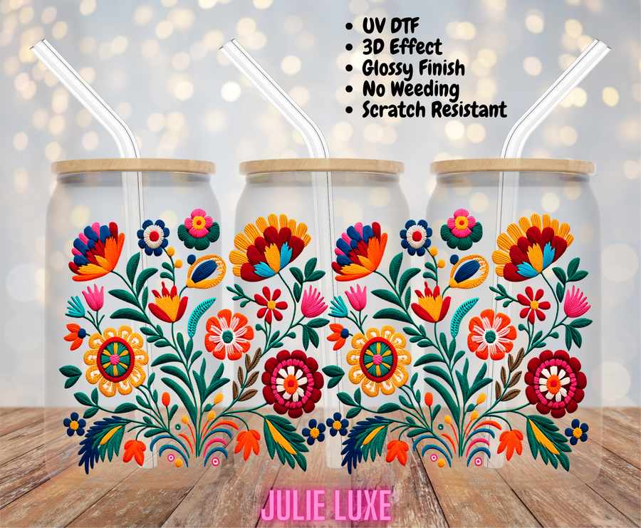 RED FLORAL EMBROIDERY - UV DTF CUP WRAP