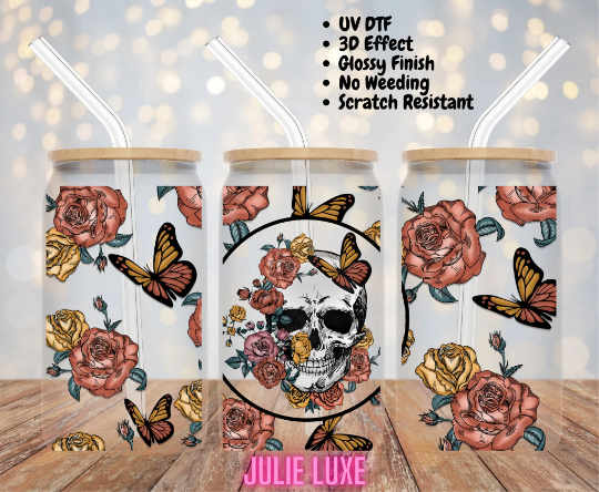 UV DTF Skull Floral Cup Wrap | Ready to Apply Cup Wrap | No Heat Needed | Permanent Adhesive | Waterproof